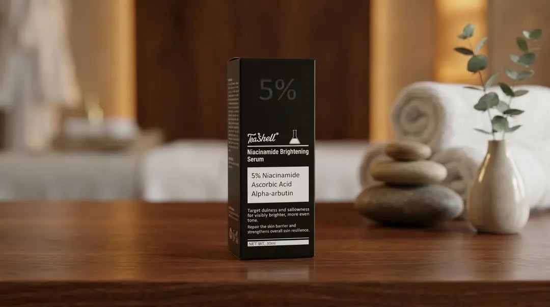 TeaShell 5% Niacinamide Serum 30ml black carton on a wooden surface