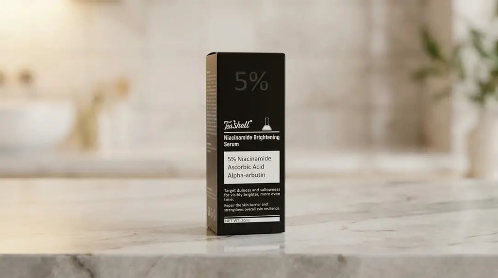 TeaShell 5% Niacinamide Serum 30ml black carton in a tabletop setting