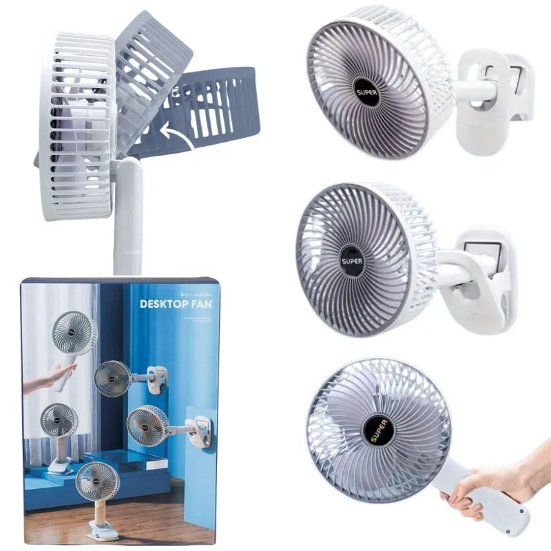 Rechargeable 3-in-1 clip fan for handheld desktop and wall use