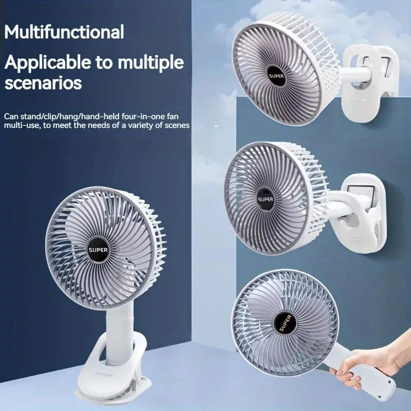 Rechargeable 3-in-1 clip fan for handheld desktop and wall use
