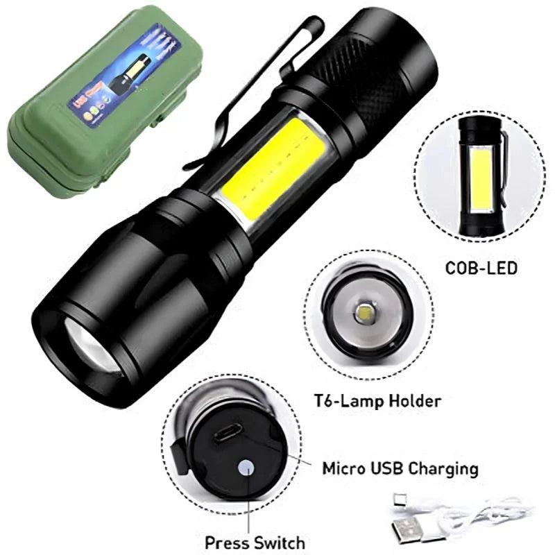Rechargeable metal COB LED flashlight and emergency work light