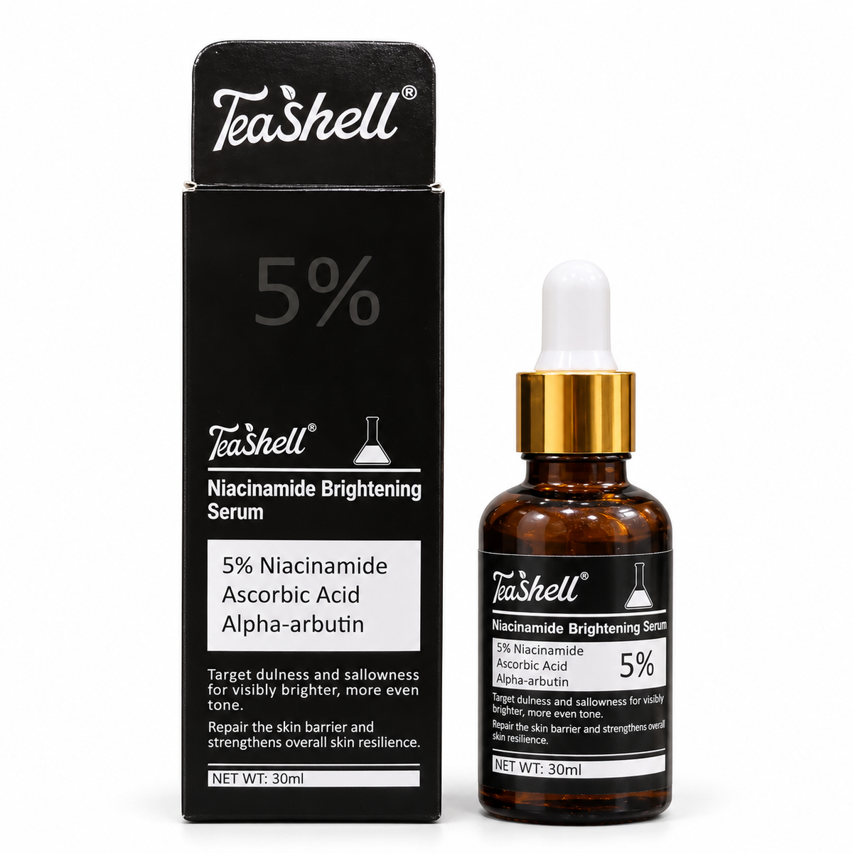 TeaShell 5% Niacinamide Serum 30ml with amber dropper bottle and black carton