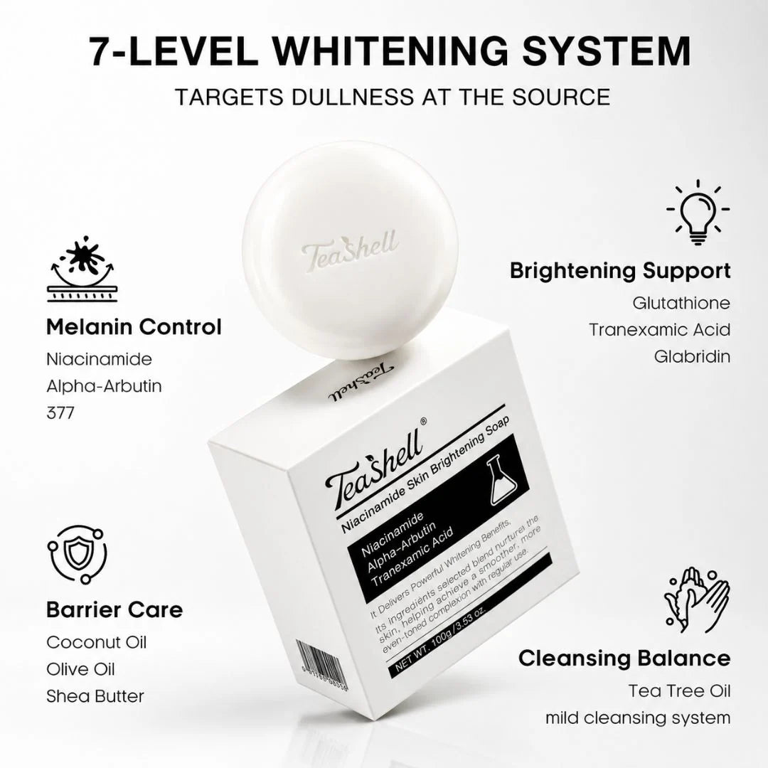 TeaShell Niacinamide Soap bar and carton with ingredient information