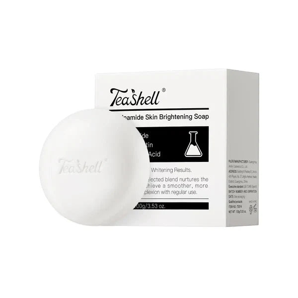 TeaShell Niacinamide Brightening Soap bar and box on a white background