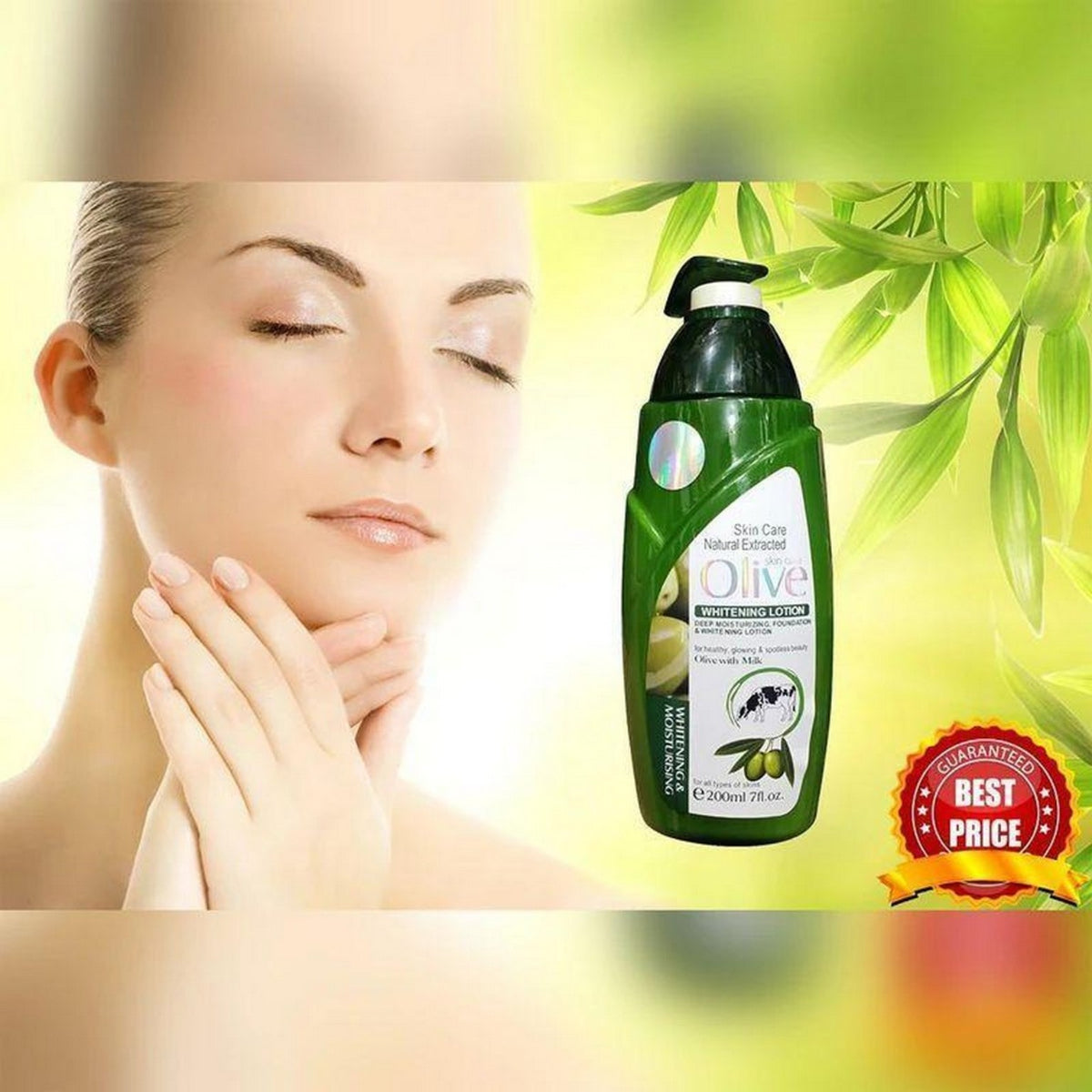Olive Whitening and Foundation Lotion 200ml bottle in product graphic