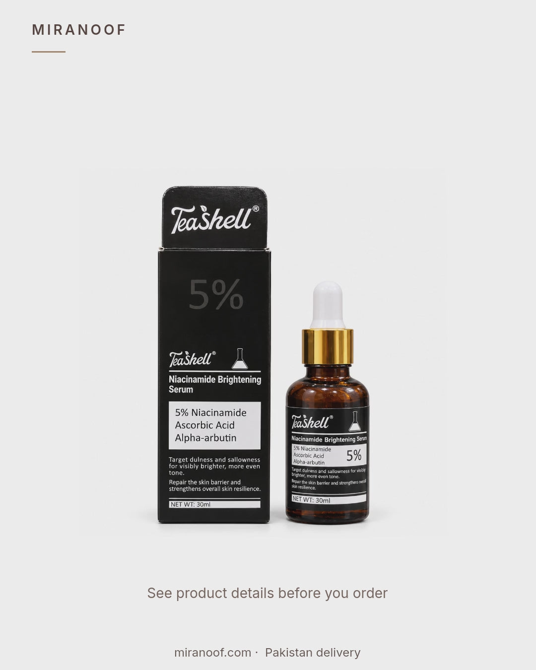 TeaShell 5% Niacinamide Serum 30ml product video showing the amber dropper bottle and ingredient label